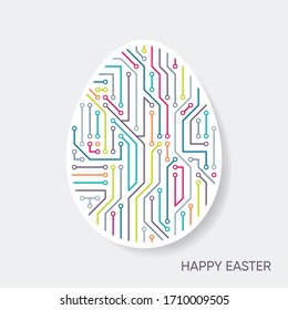 Vector happy easter card modern circuit board pattern