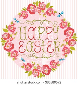 vector Happy Easter card. on a pink background with rose flowers