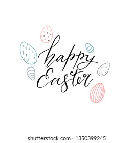 Vector Happy easter card with red and blue eggs. Hand painted illustration isolated on white background. Illustration for design, print, background