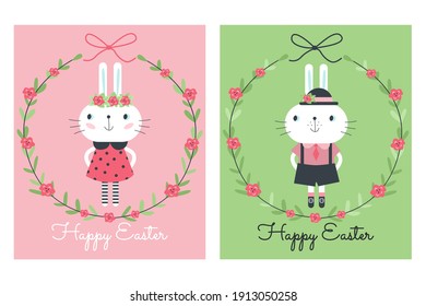 Vector Happy Easter card template with bunny and flower wreath and lettering. Good for spring and Easter greeting or invitation card, poster or banner design.