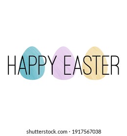Vector Happy Easter card, text on a background of 3 coloured eggs isolated on white