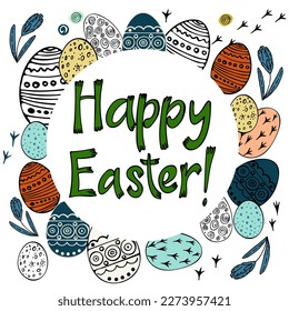 vector happy easter card Trendy Easter design with typography, flowers, eggs, in pastel colors. Modern minimal style