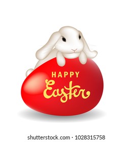 Vector happy Easter card with white cute bunny and red colored egg.
