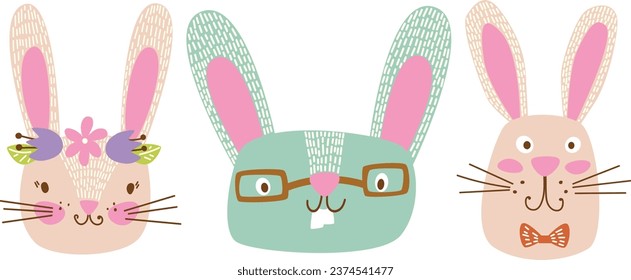 vector happy easter clipart hand drawn easter bunny, isolated cute spring cartoon character set, pastel easter animals clip art bundle pink girlish childish easter bunnies cute rabbit hare collection