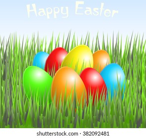 Vector Happy Easter colored eggs in grass