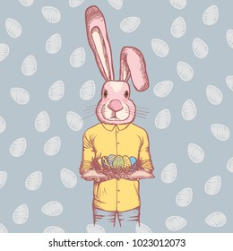 Vector Happy Easter concept. Illustration of rabbit with easter eggs