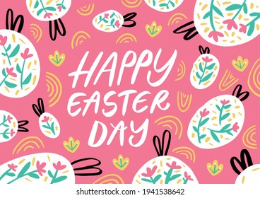 vector Happy Easter day decorated card, banner. Easter eggs, flowers and basket. Hand drawn lettering. Pattern Design.