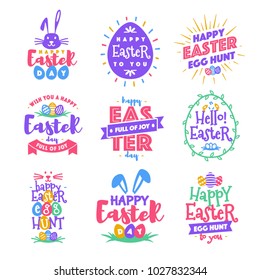 Vector happy easter day emblem set colorfull typography style for greeting card text templates, label, badges, decoration, sale banner, party, poster, promotion, tag, decoration. Vector Illustration