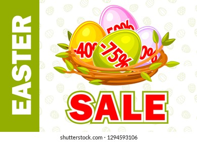 Vector Happy Easter, Egg in birds nest of twigs. Spring and Easter sale offer, banner template. On Separate Layers