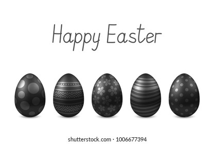 Vector Happy Easter greeting card with realistic eggs isolated. Five black glossy metal easter eggs. Text 'Happy Easter'. Self-made font. 3D illustration