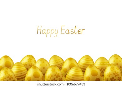 Vector Happy Easter greeting card with eggs. Text 'Happy Easter'. Self-made font. Golden painted easter eggs. 3D illustration 