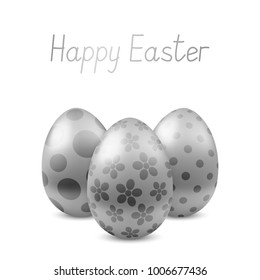 Vector Happy Easter greeting card with eggs. Text 'Happy Easter'. Self-made font. Three silver painted easter eggs. 3D illustration