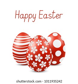 Vector Happy Easter greeting card with eggs. Text 'Happy Easter'. Self-made font. Three red-white painted easter eggs. 3D illustration 