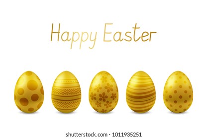 Vector Happy Easter greeting card with realistic eggs isolated. Five golden glossy metal easter eggs. Text 'Happy Easter'. Self-made font. 3D illustration