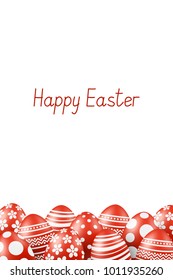 Vector Happy Easter greeting card with eggs. Text 'Happy Easter'. Self-made font. Red-white painted easter eggs. 3D illustration