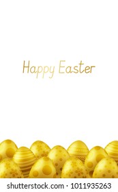 Vector Happy Easter greeting card with eggs. Text 'Happy Easter'. Self-made font. Golden painted easter eggs. 3D illustration