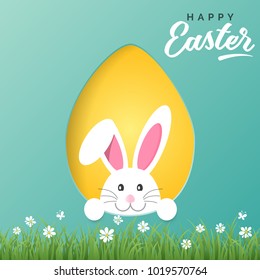 Vector Happy Easter greeting card with Easter bunny and colored paper egg