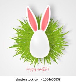 Vector Happy Easter Greeting Card with bunny Ears from egg on the grass and isolated on white. Realistic style. Vector illustration. Design element, template wallpaper, flyers, invitation, brochure.
