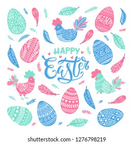 Vector Happy Easter greeting card with chicken and Easter decorative eggs and hand lettering isolated on white background.