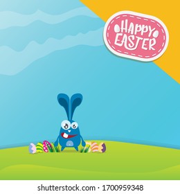 vector happy easter greeting card with eggs, funny easter bunny and hand drawn greeting text. vector spring easter cartoon background