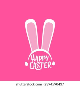 Vector happy easter greeting card with white easter bunny funky mask with rabbit ears and easter text isolated on pink background.