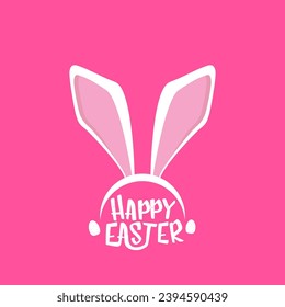 Vector happy easter greeting card with white easter bunny funky mask with rabbit ears and easter text isolated on pink background.