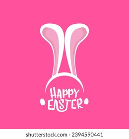 Vector happy easter greeting card with white easter bunny funky mask with rabbit ears and easter text isolated on pink background.