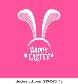 Vector happy easter greeting card with white easter bunny funky mask with rabbit ears and easter text isolated on pink background.