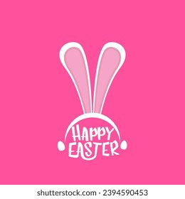 Vector happy easter greeting card with white easter bunny funky mask with rabbit ears and easter text isolated on pink background.