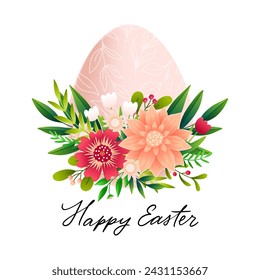 Vector Happy Easter greeting card with decorated egg and flowers. Holiday background