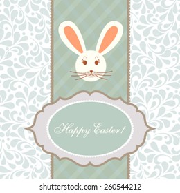 Vector Happy Easter greeting card with floral background.