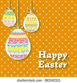 Vector Happy Easter greeting card. Easter Eggs and text Happy Easter on an isolated orange background from dots. Vector illustration. EPS 10