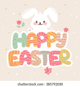 Vector Happy Easter greeting card design with funny cartoon letters and bunny