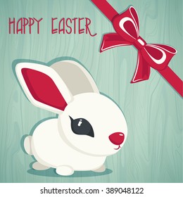 Vector Happy Easter greeting card with cute bunny with bow