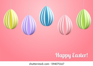 Vector Happy Easter Greeting Card with Color Paper Easter Eggs on Pink Background