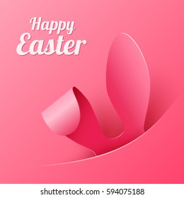 Vector Happy Easter Greeting Card with Color Paper Easter Ears on Pink  Background