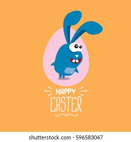 vector happy easter greeting card with eggs, funny easter bunny and hand drawn text. vector spring easter cartoon background
