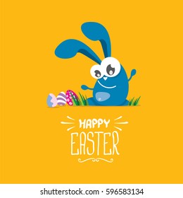vector happy easter greeting card with eggs, funny easter bunny and hand drawn text. vector spring easter cartoon background