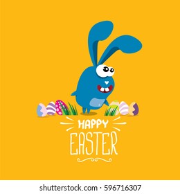 vector happy easter greeting card with eggs, funny easter bunny and hand drawn text. vector spring easter cartoon background