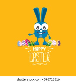 vector happy easter greeting card with eggs, funny easter bunny and hand drawn text. vector spring easter cartoon background