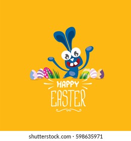 vector happy easter greeting card with eggs, funny easter bunny and hand drawn text. vector spring easter cartoon background