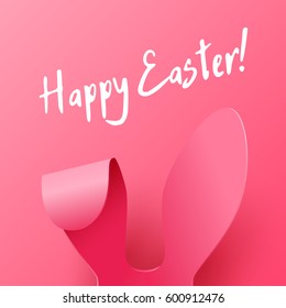 Vector Happy Easter Greeting Card with Color Paper Easter Ears on Pink  Background