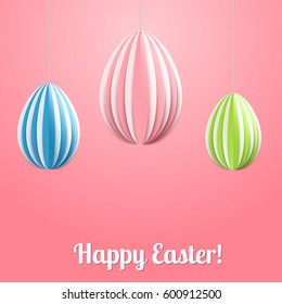 Vector Happy Easter Greeting Card with Color Paper Easter Eggs on Pink Background