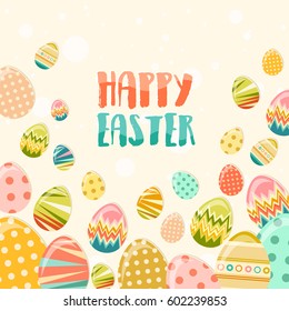 Vector Happy Easter greeting card with colorful eggs on a background. Conceptual decorative illustration. Happy holidays