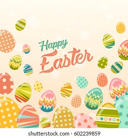 Vector Happy Easter greeting card with colorful eggs on a background. Conceptual decorative illustration. Happy holidays
