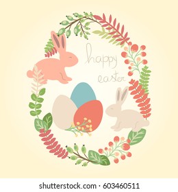Vector happy easter greeting card with rabbits, eggs and flowers. Holiday design with cartoon elements