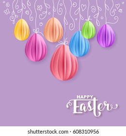 Vector Happy Easter Greeting Card with Color Paper Easter Eggs on Purple Background. Vector illustration