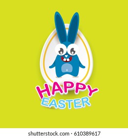 vector happy easter greeting card with eggs, funny easter bunny and greeting text. vector spring easter cartoon background