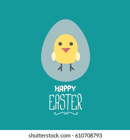 vector happy easter greeting card with cute cartoon chicken and greeting text. vector spring easter cartoon background