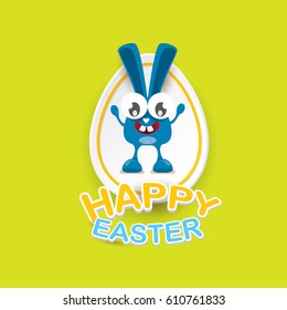 vector happy easter greeting card with eggs, funny easter bunny and greeting text. vector spring easter cartoon background